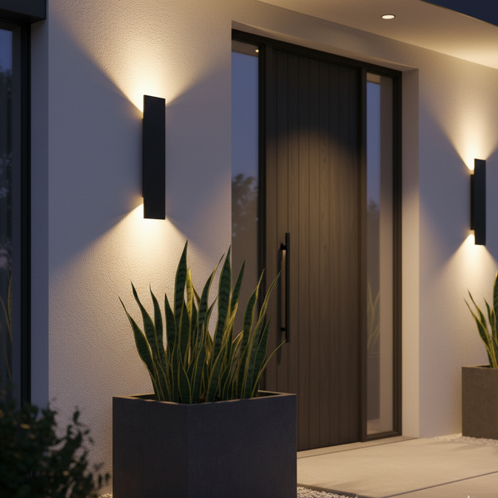 Outdoor wall lamp illuminating a contemporary home entrance at dusk
