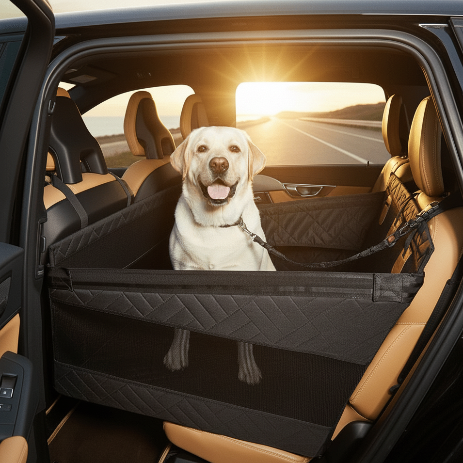 Golden retriever sitting inside the black waterproof dog car seat protector installed in a car back seat.
