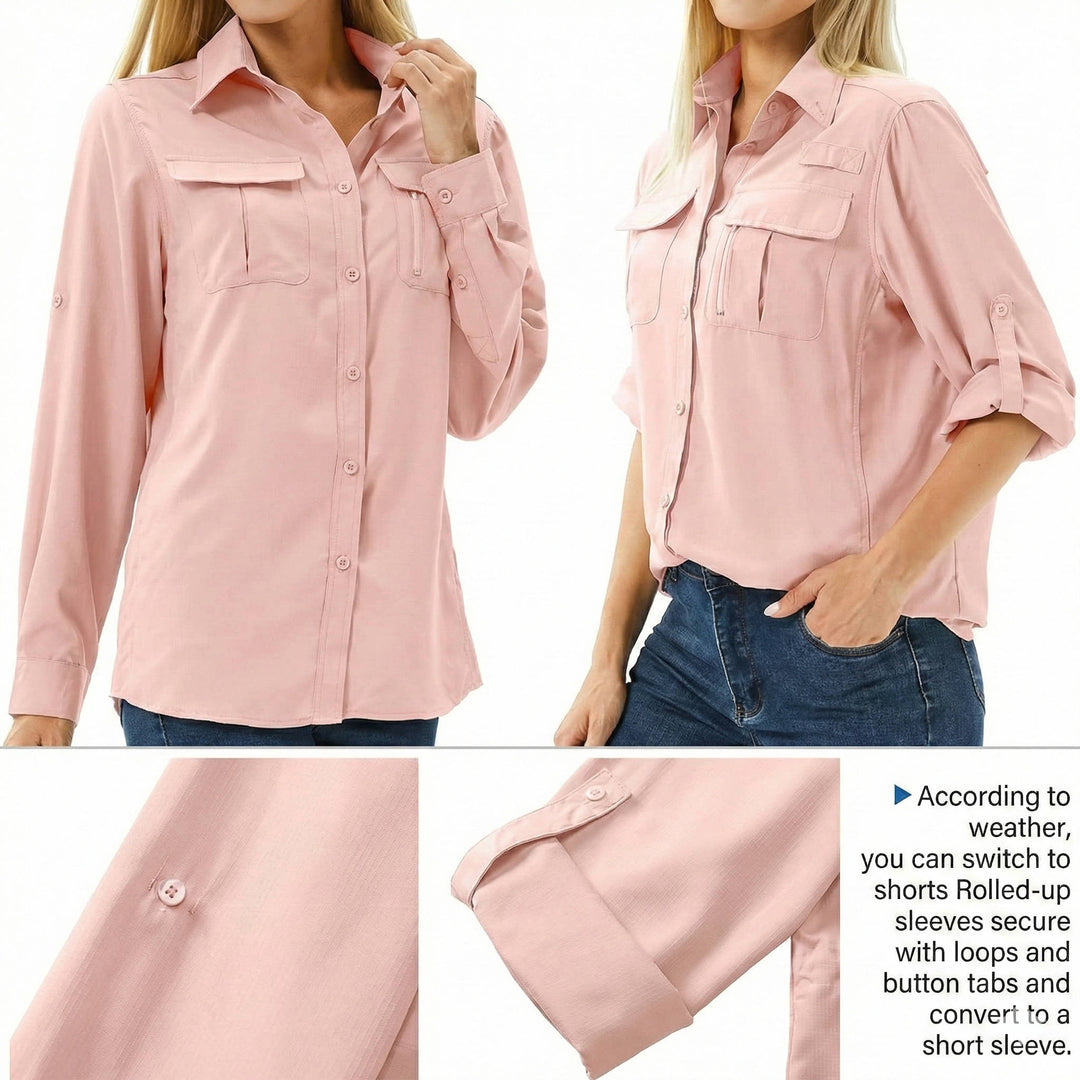 Close-up details of the roll-up sleeves and button closures on the pink hiking shirt
