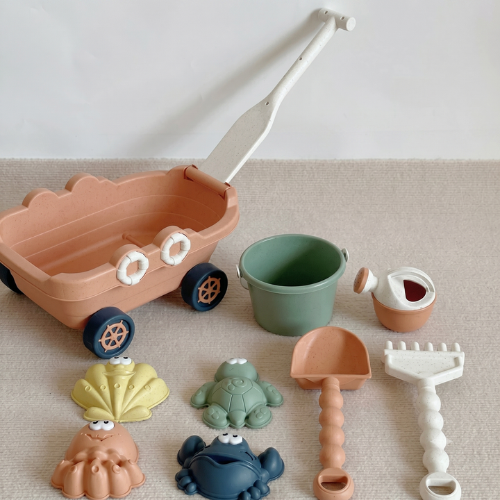 Summer outdoor toys including sand play set vehicles and molds in bright colors