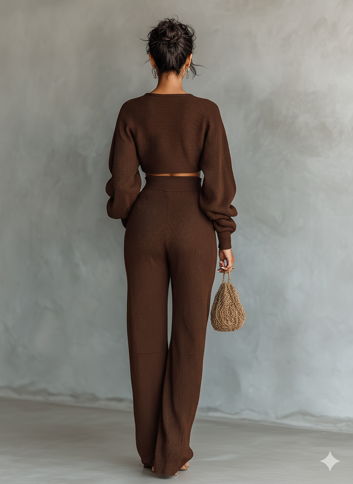 Close up fabric texture of the coffee womens fashion knit loungewear pants set