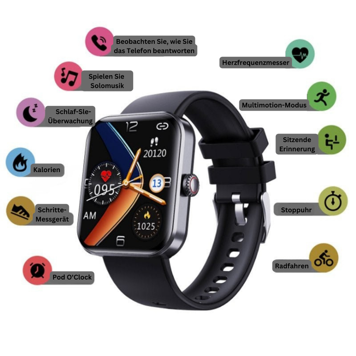 Close-up of black wearable wellness smartwatch interface with fitness apps