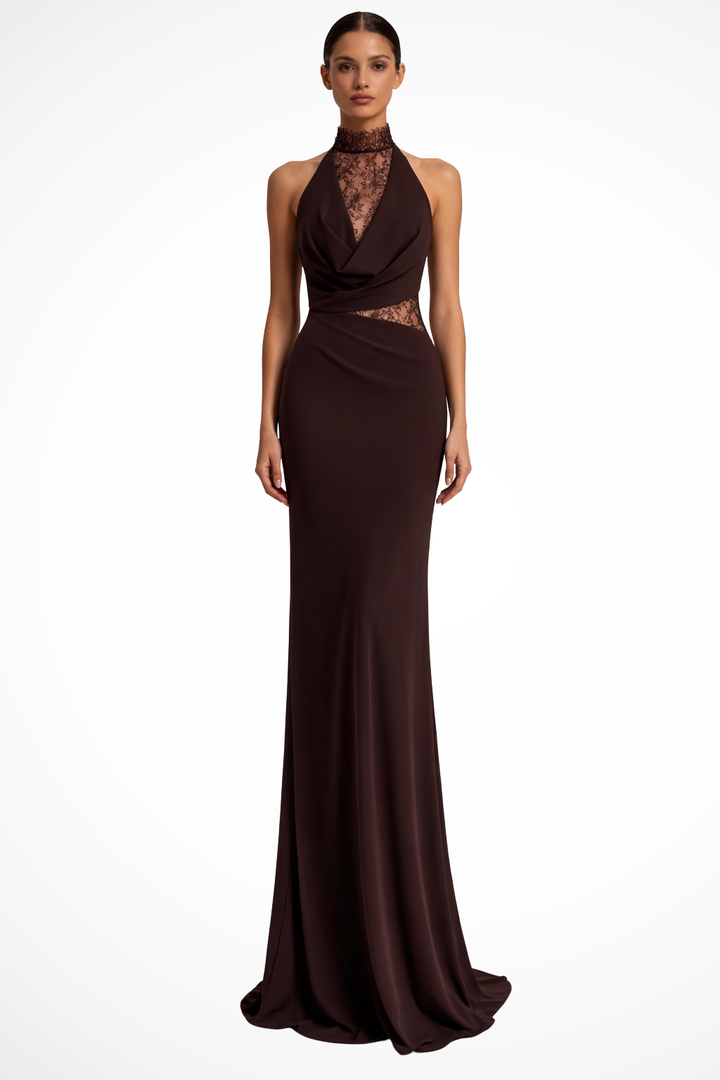 Front view of a woman wearing a dark brown halter neck lace maxi dress