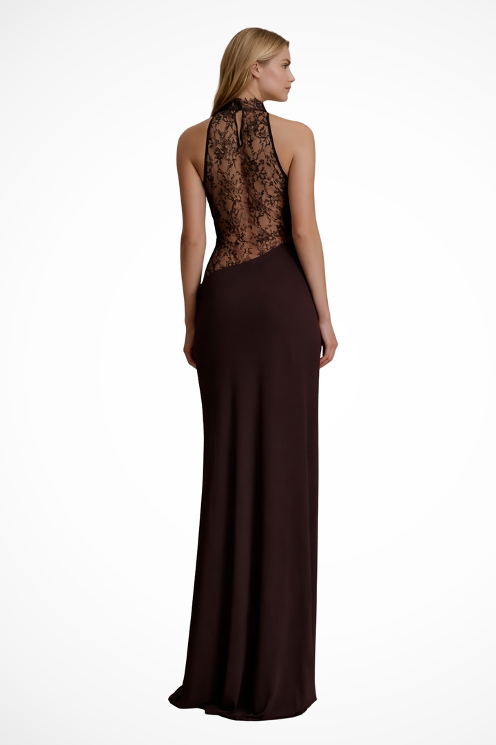 Dark brown halter neck lace maxi dress, back view showing sleeveless formal evening design