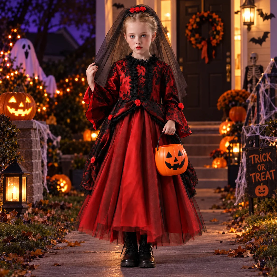 Young girl wearing a gothic vampire costume with red dress and black veil outdoors at night