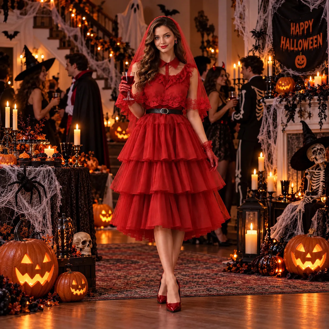 Model wearing red gothic vampire costume in a festive Halloween decorated room
