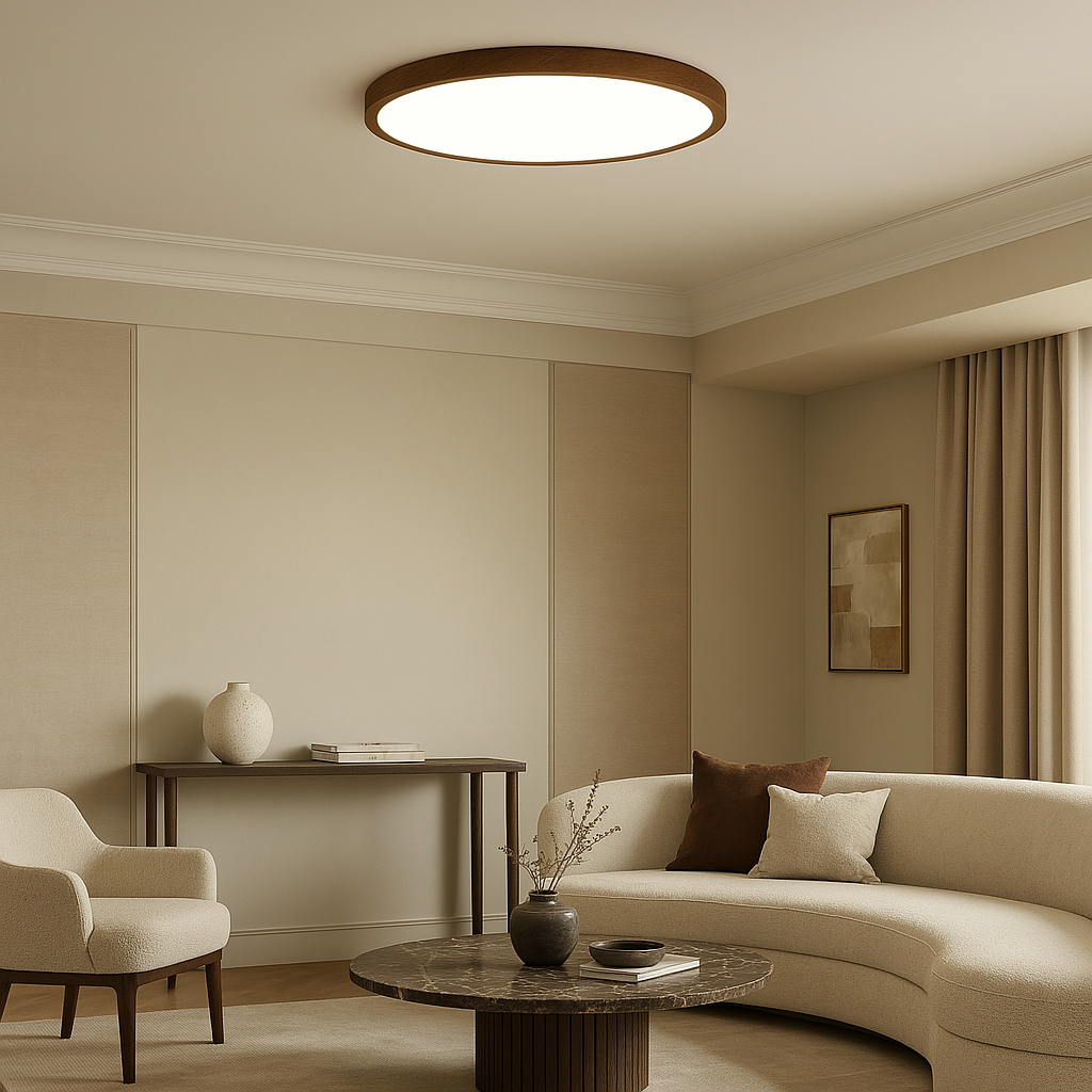 Minimalist dark wood grain ceiling light illuminating a cozy modern interior