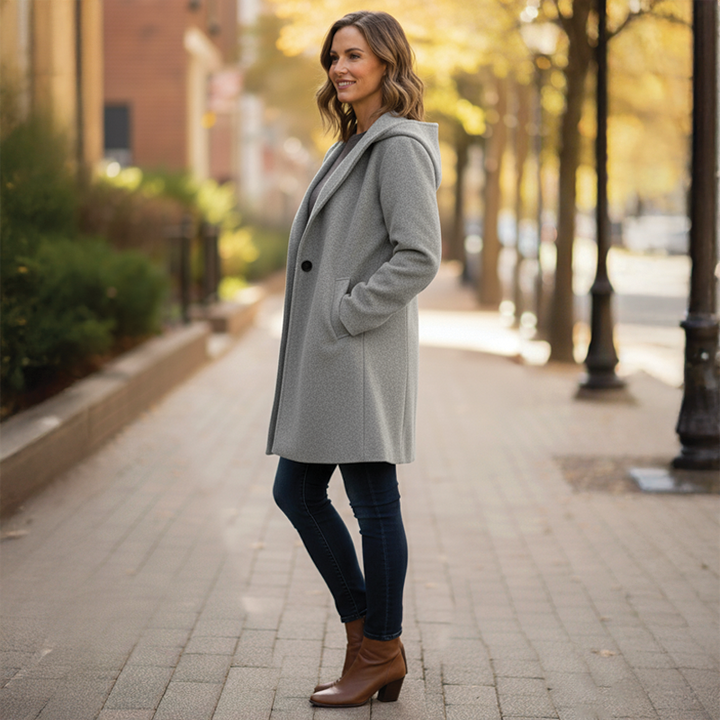 Plus size coat option hanging up, highlighting the roomy sleeves and cozy design.