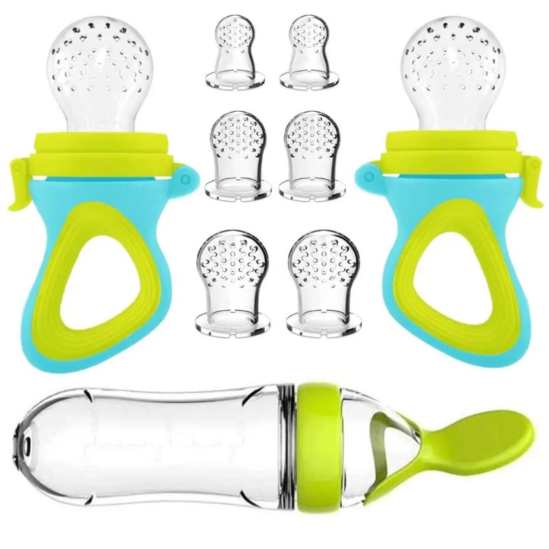Three colorful baby fruit feeders in blue pink and green for tableware
