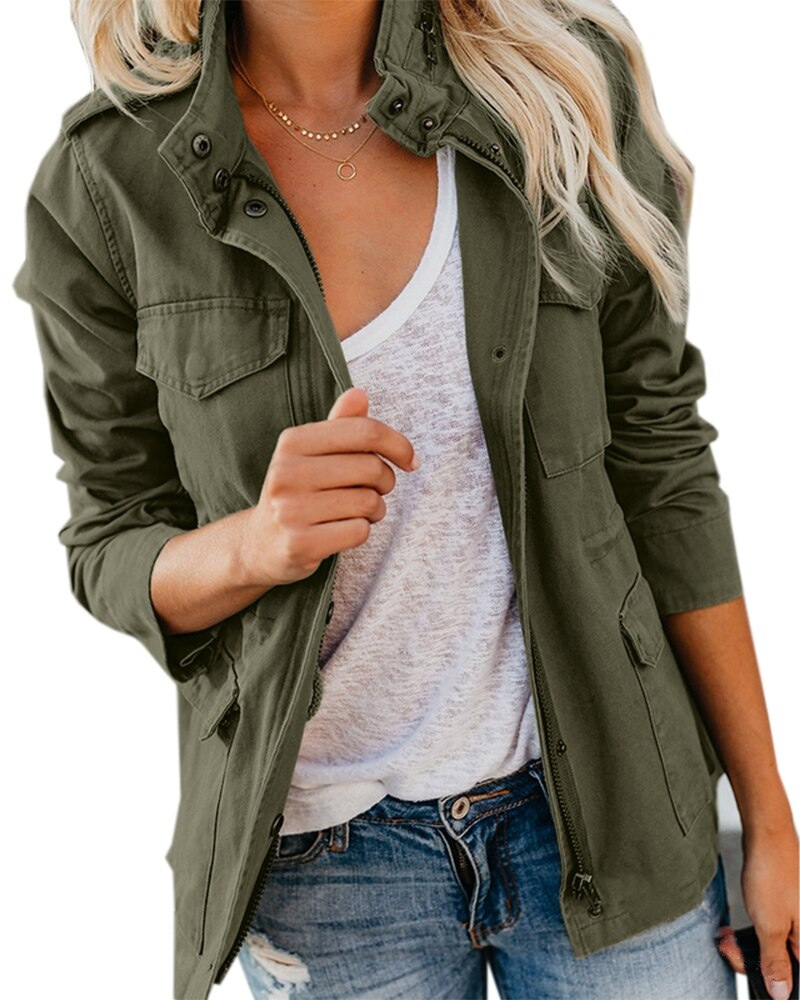 Woman wearing army green utility jacket with pockets