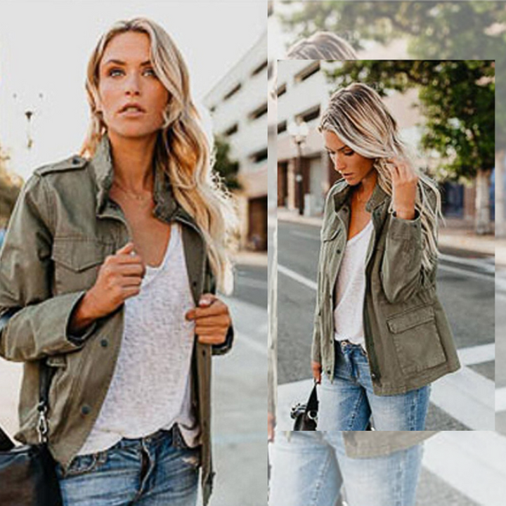 Back view of a casual bomber style jacket for women in autumn