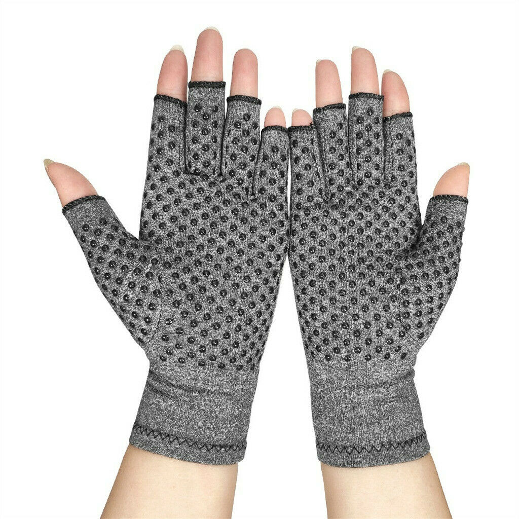 Grey therapeutic compression gloves with fingerless design and grip dots