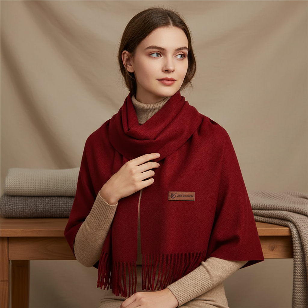 Model wearing a deep red oversized luxury winter scarf draped over her shoulders