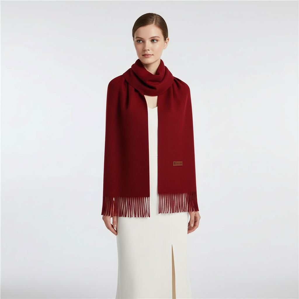 Full view of model wearing the long red scarf and a white dress