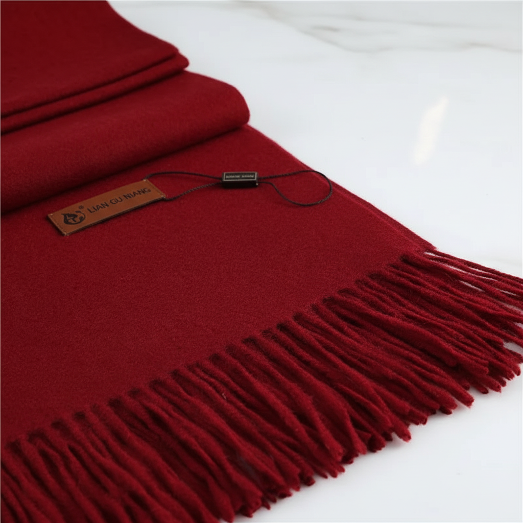 Close-up detail of the soft red winter scarf texture and fringe accents