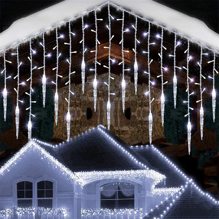 Outdoor house roof decorated with Glacia white LED icicle curtain lights