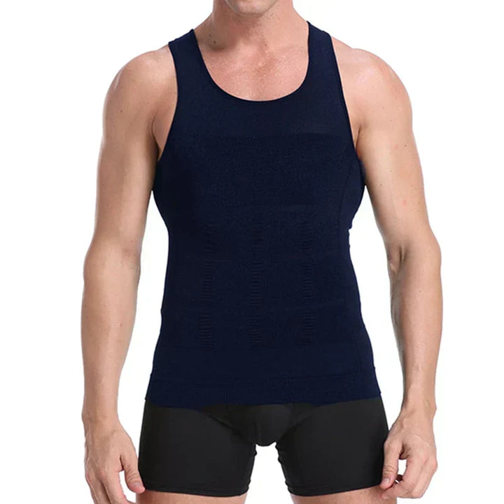 Black mens slimming compression undershirt front view shapewear tank top