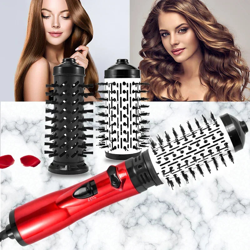 3-in-1 electric hair styler with interchangeable brush heads next to models