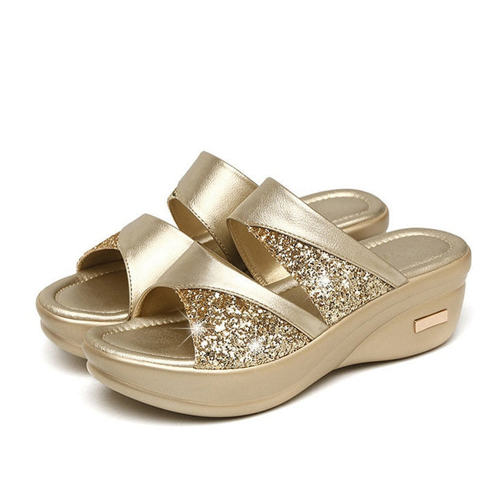 Comfortable summer wedge sandals for women in shiny silver finish