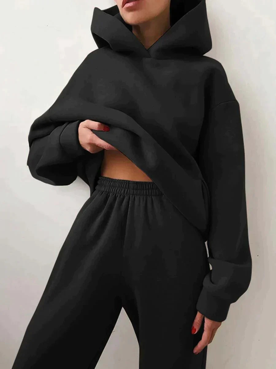 Close-up view of the soft fabric and drawstring detail on the women's casual hoodie set