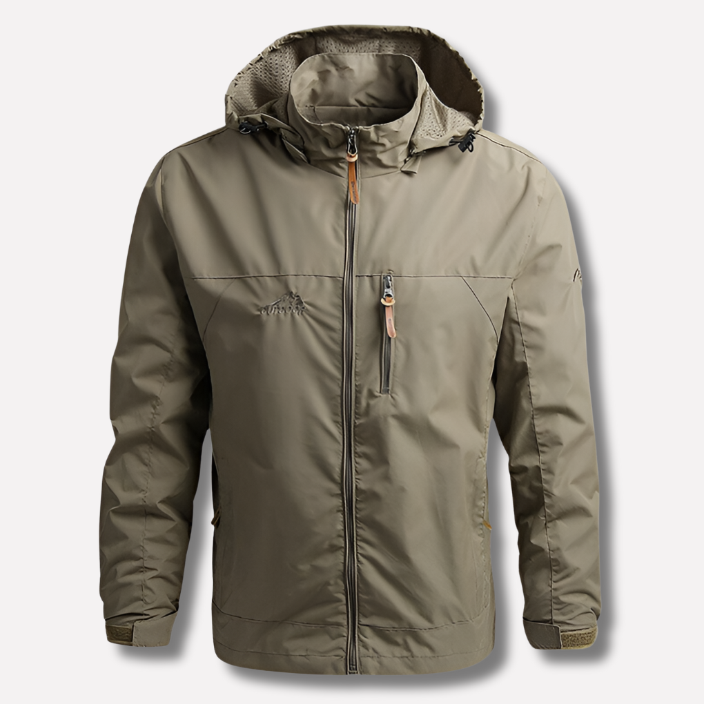 Men's waterproof outdoor jacket in light green, featuring a front zipper and hood for hiking gear.
