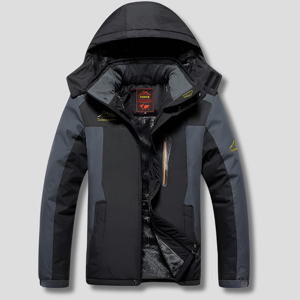 Men's black winter coat with full-length zipper and hood