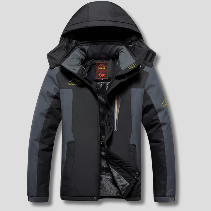 Men's black winter coat with full-length zipper and hood