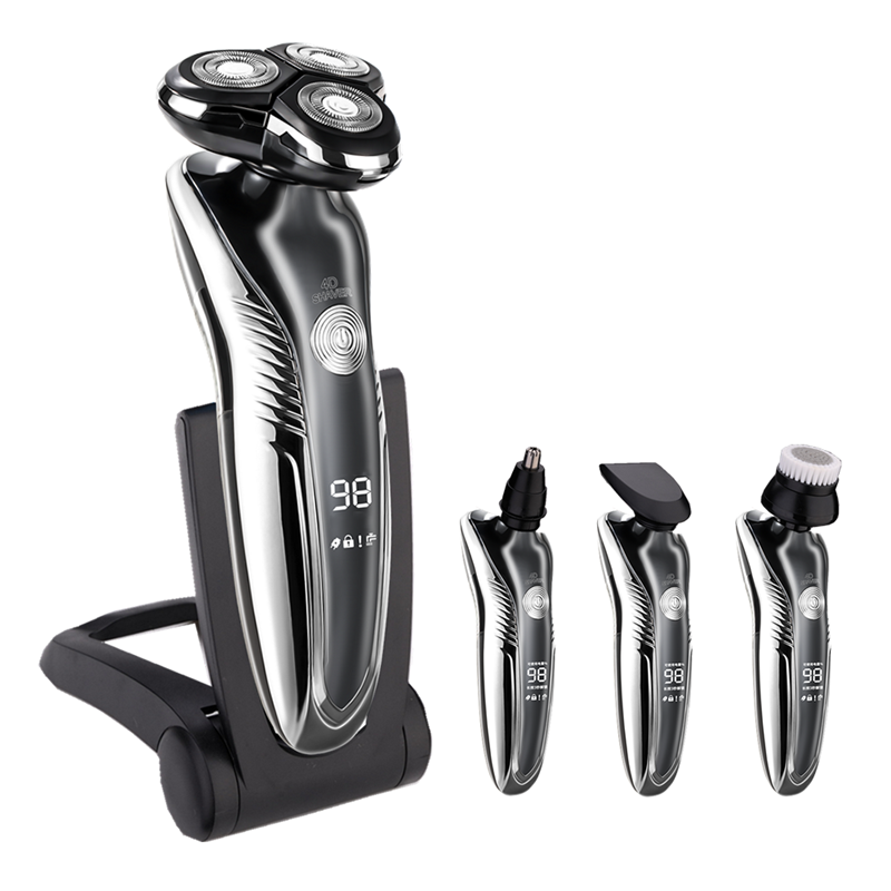 Men's electric shaver with charging stand and multiple attachment heads