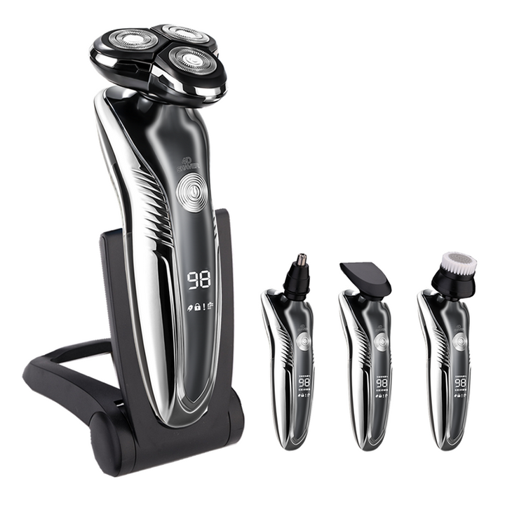 Men's electric shaver with charging stand and multiple attachment heads