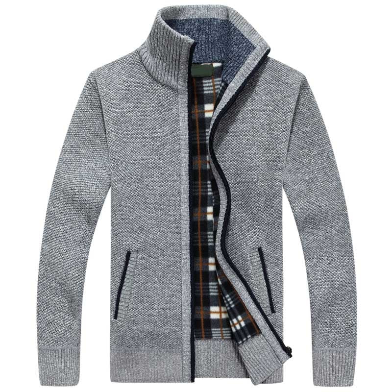 Front view of mens lined zip-up knitted cardigan in winter knitwear style