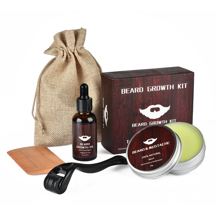 Full display of the men's beard growth kit components on a white background