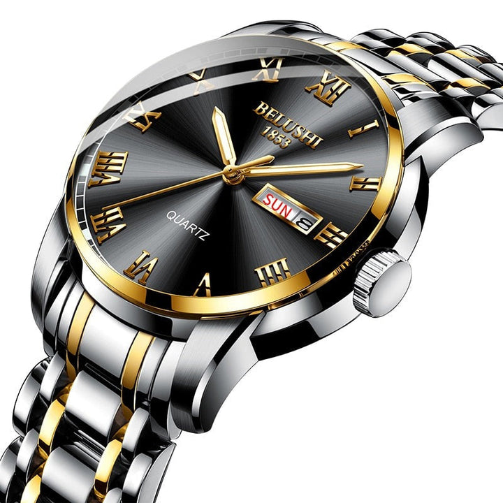 Men's luminous watch featuring black dial and gold and silver band