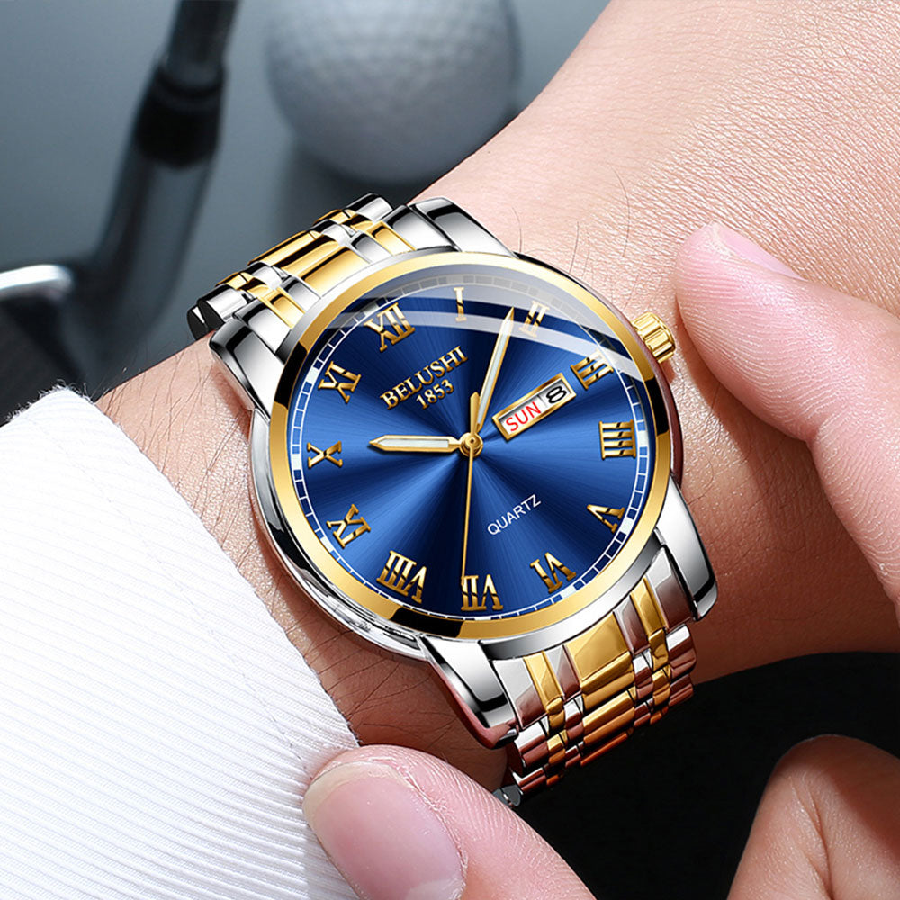 Detailed view of quartz watch crown and side case craftsmanship