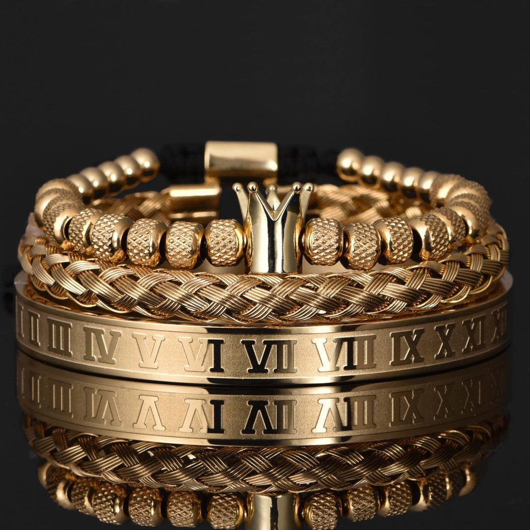 Men's luxury gold tone crown and Roman numeral bracelet set
