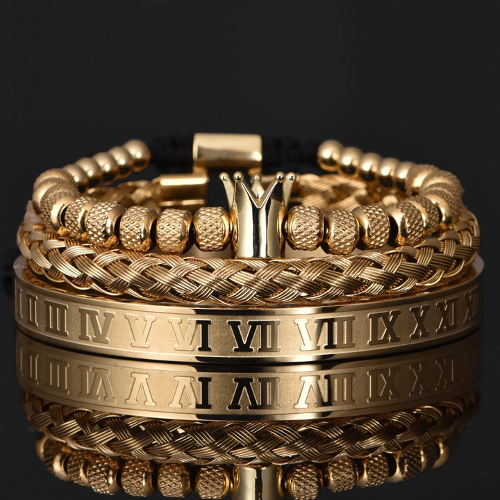 Men's luxury gold tone crown and Roman numeral bracelet set
