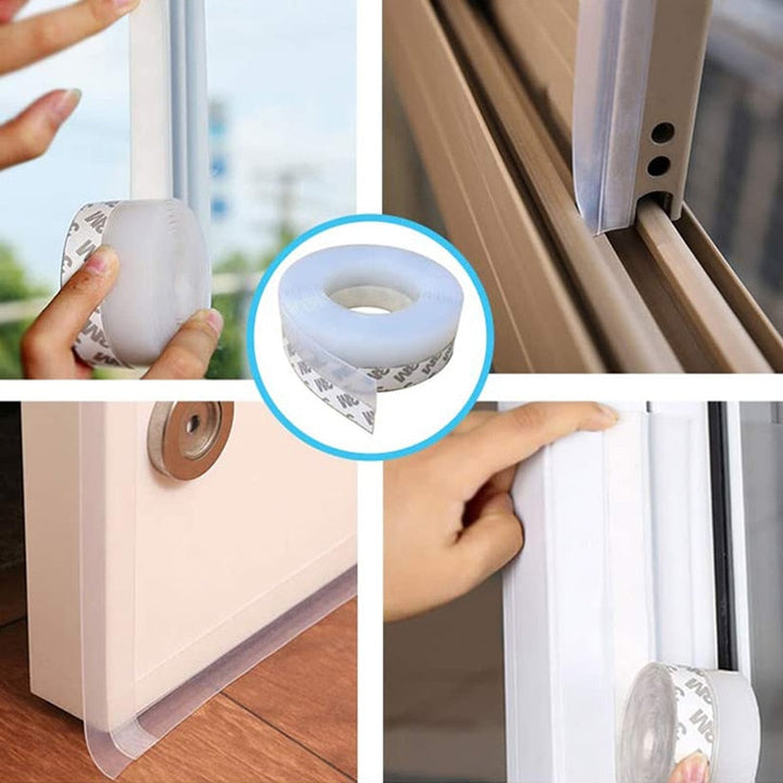 Close-up of transparent draught seal being applied to a door frame and window track
