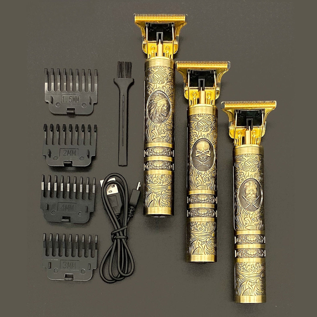 Men's vintage rechargeable cordless beard trimmer in a sleek metallic finish