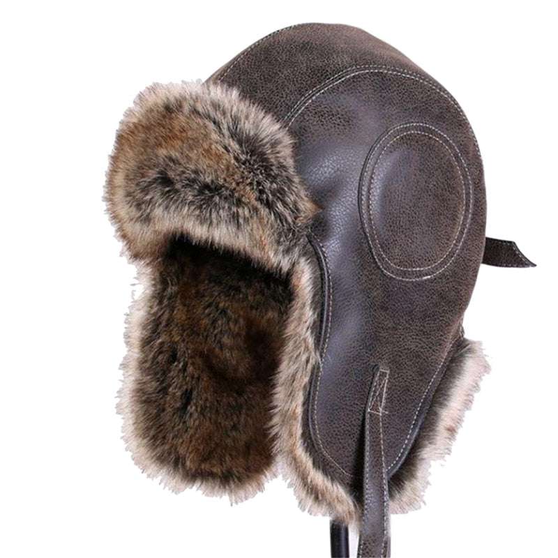 Brown winter beanie with ear flaps shown from the front angle