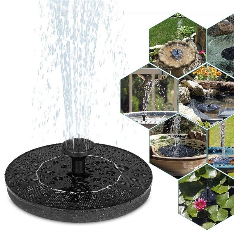 Solar powered floating water fountain operating in a garden bird bath