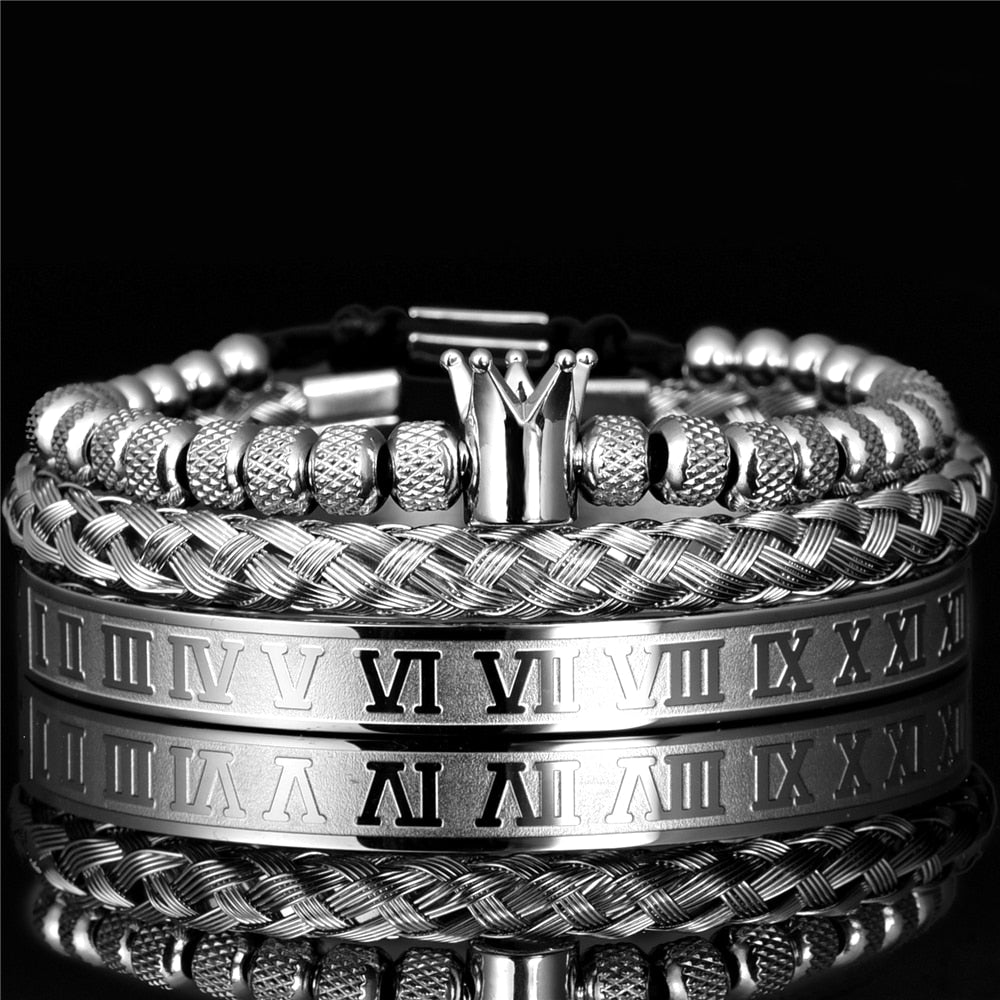 Mens luxury silver crown and roman numeral bracelet stacked together