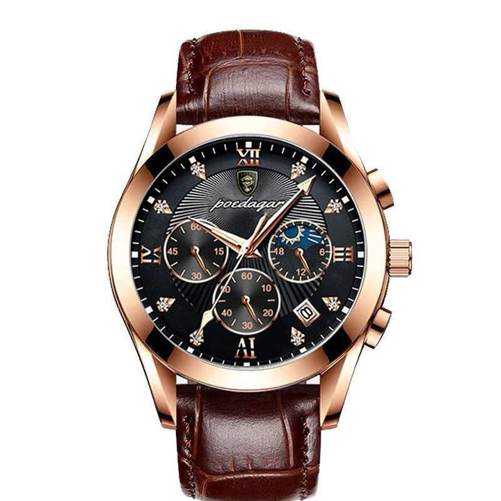 Close-up view of the men's analog wristwatch with a dark dial and textured brown strap