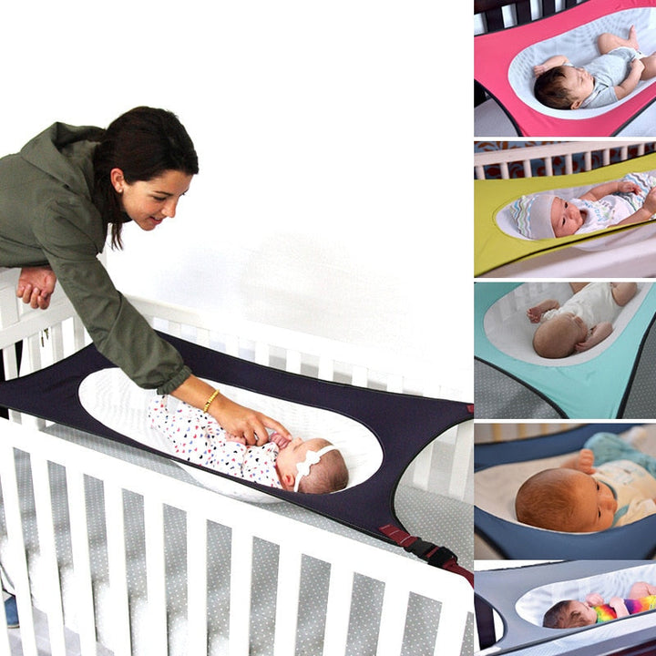 Baby hammock displayed in various color options including grey and pink