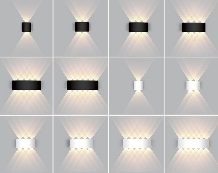 Modern LED wall lamp illuminating a cozy living room wall with warm dual beam lighting.