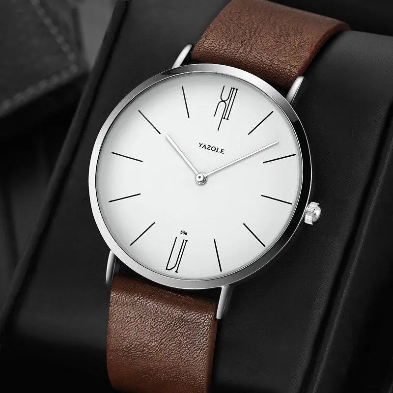 Men's elegant watch with brown strap and white dial