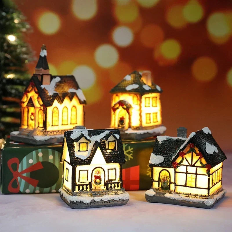 Various glowing winter holiday houses creating a festive scene
