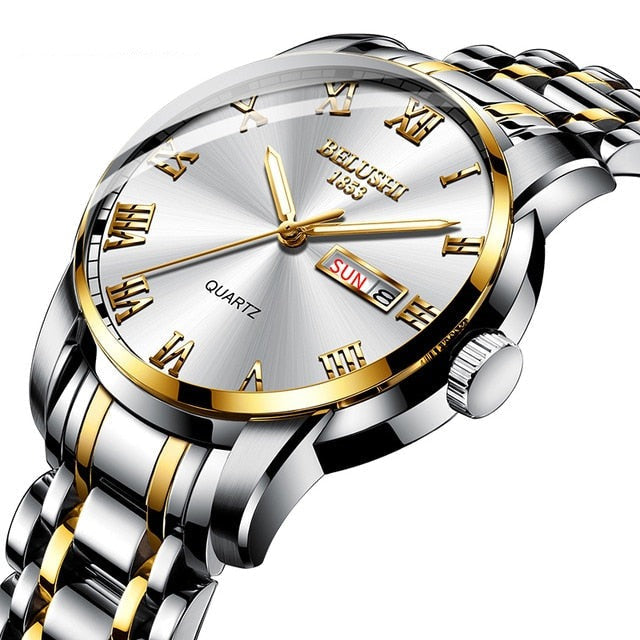 Mens stainless steel quartz watch angled side view showing metal band