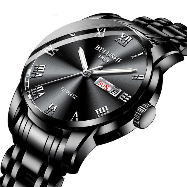 Close up of mens retro quartz watch dial with hands and hour markers