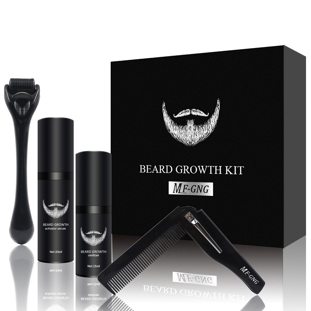 Complete beard care set including balm, oil, and dermaroller for men