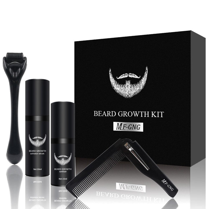 Complete beard care set including balm, oil, and dermaroller for men