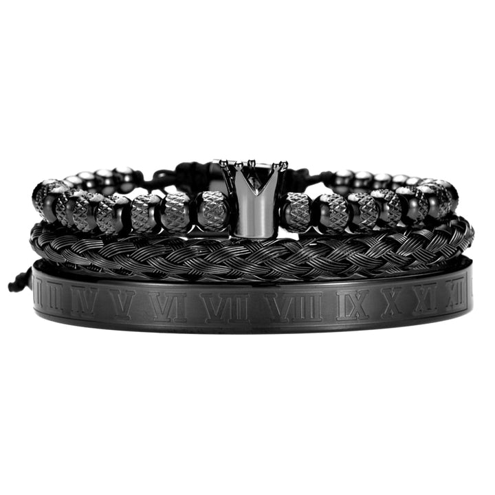 All-black men's stacked bracelet set featuring crown and Roman numerals